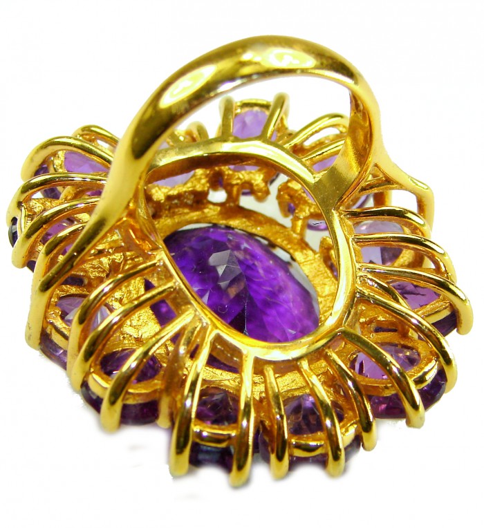 Purple Odyssey 59.5 carat natural Purple Amethyst 18K Gold over .925 Sterling Silver Handcrafted Ring size 7 - Close-up of Purple Amethyst in 18K Gold setting, intricate design.