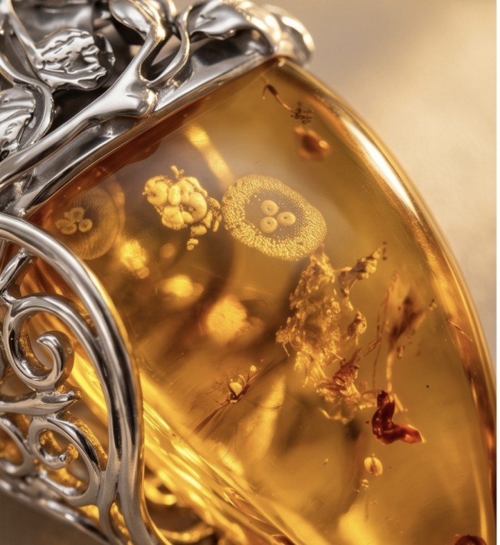 Massive Prehistoric Authentic Golden Baltic Amber rhodium over .925 Sterling Silver beautifully handcrafted Pendant - Close-up of Baltic amber in ornate rhodium setting