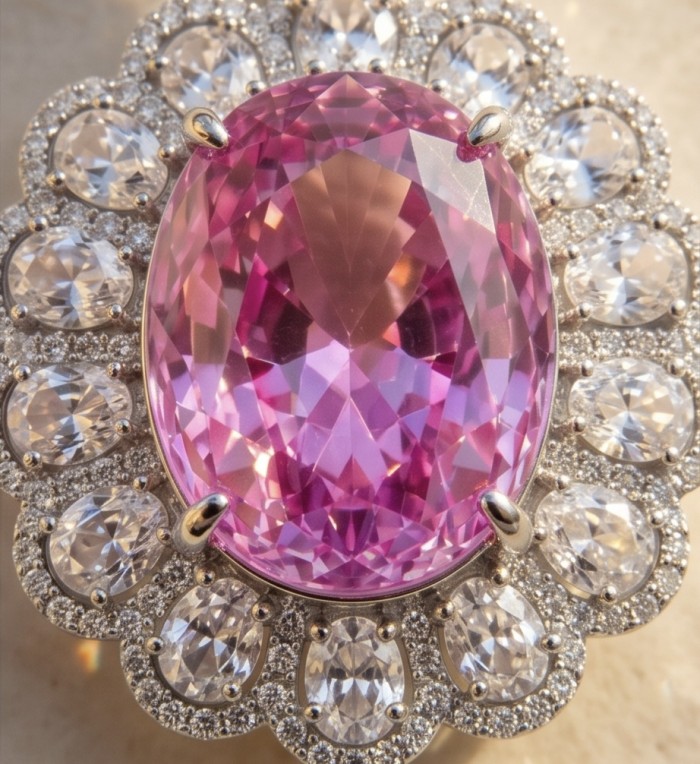 Beatriz Incredible oval cut 20.4 carat Pink Sapphire .925 Sterling Silver handcrafted pendant - Close-up of Beatriz pink sapphire ring with surrounding diamonds