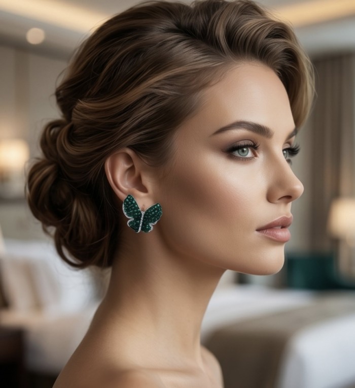 Incredible Butterflies genuine mystery setting 15.5 CARAT Emerald .925 Sterling Silver handcrafted Earrings - Side view of model wearing Incredible Butterflies earrings, 15.5 carat.