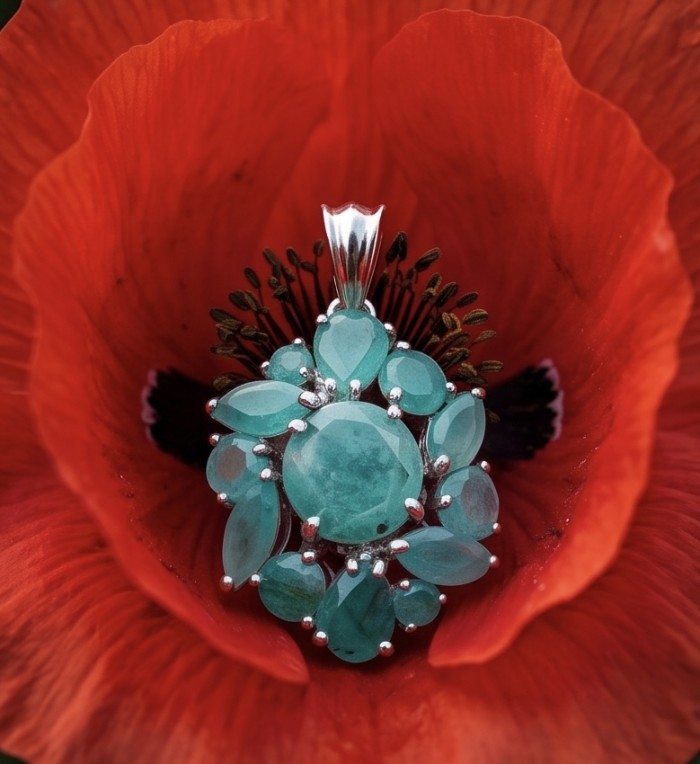 Luxurious vintage style 22.5 carat Colombian Emerald .925 Sterling Silver handmade Pendant - Close-up of 22.5 carat vintage Colombian emerald pendant with .925 silver.