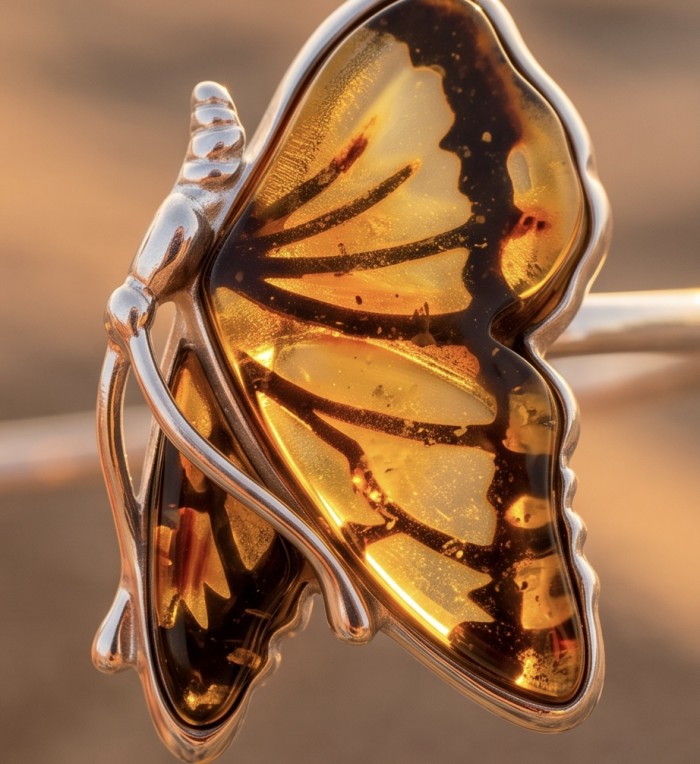 Golden Butterfly Genuine carved Baltic Amber .925 Sterling Silver dipped in rhodium handamde Bracelet - Close-up of golden butterfly amber necklace in .925 sterling silver.