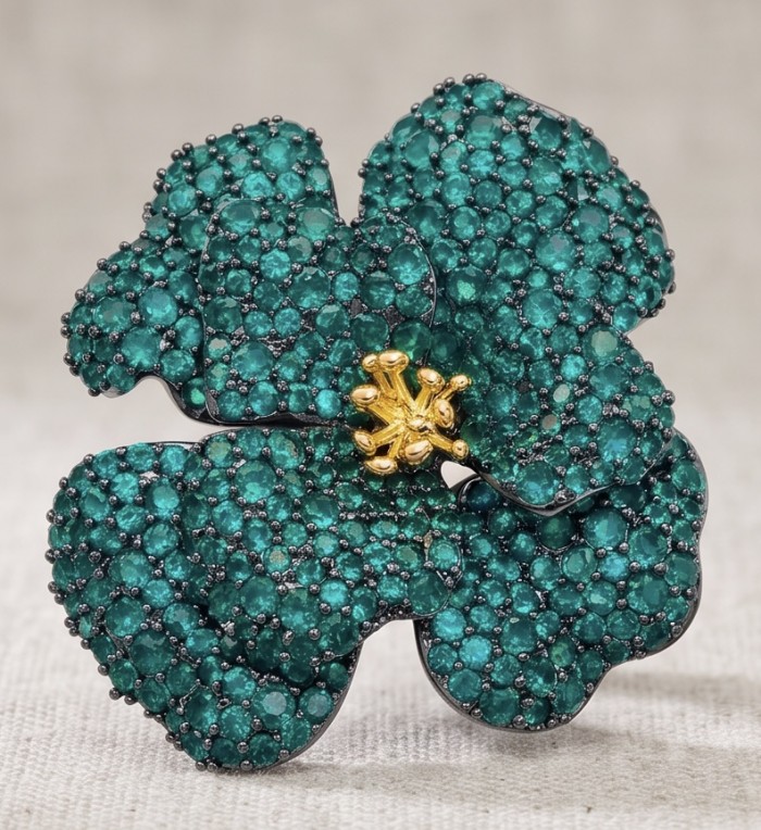 Retro Style - Precious Rose Genuine 24.2 carat Colombian Emerald black rhodium over .925 Sterling Silver handmade Pendant - Brooch - Close-up of floral brooch with teal stones and gold center detail