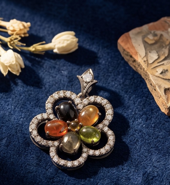 Rio de Janeiro 12.7 carat Brazilian Watermalon Tourmaline black rhodium over .925 Sterling Silver handmade Pendant - Close-up of Rio de Janeiro pendant with colorful tourmaline stones.