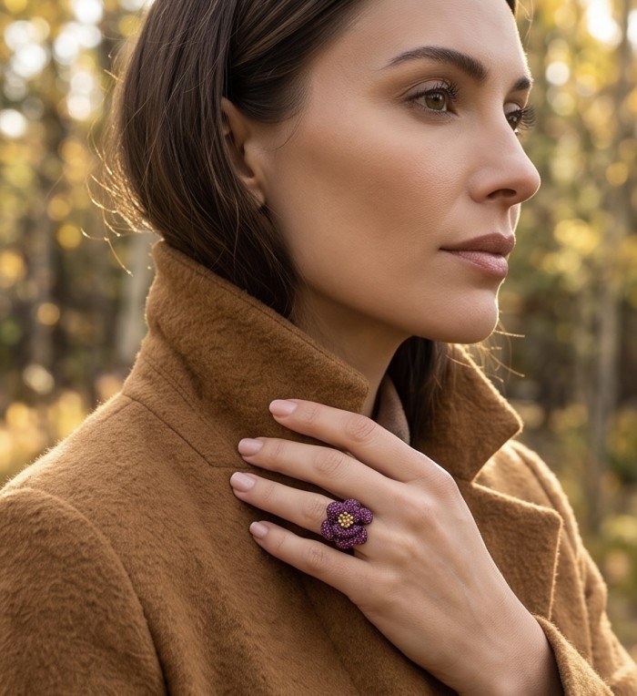 Red Rose 22.5 carat Ruby black rhodium over 18K Gold .925 Sterling Silver handcrafted ring size 6 - Side view of woman wearing Red Rose ruby ring on hand