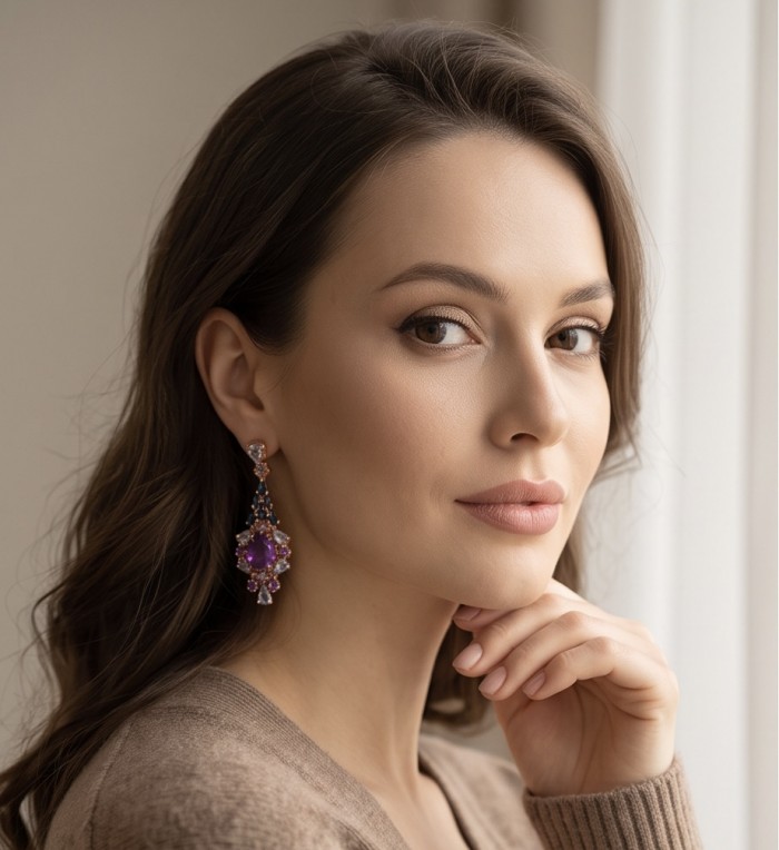 Fiesta Authentic 10.5 carat Multigem .925 Sterling Silver dipped in 18K Rose Gold handcrafted earrings - Woman wearing Fiesta 10.5 ct multigem earrings, side view.