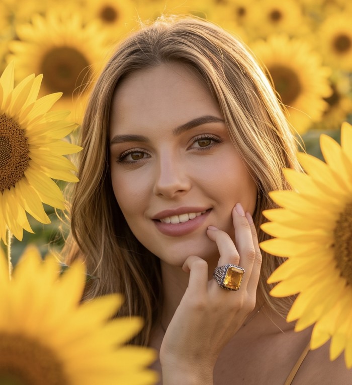 Serenity Natural 29.9 carat GOLDEN Topaz .925 Sterling Silver handmade Large Statement Ring size 7 1/4 - Golden topaz ring worn on hand, surrounded by sunflowers.