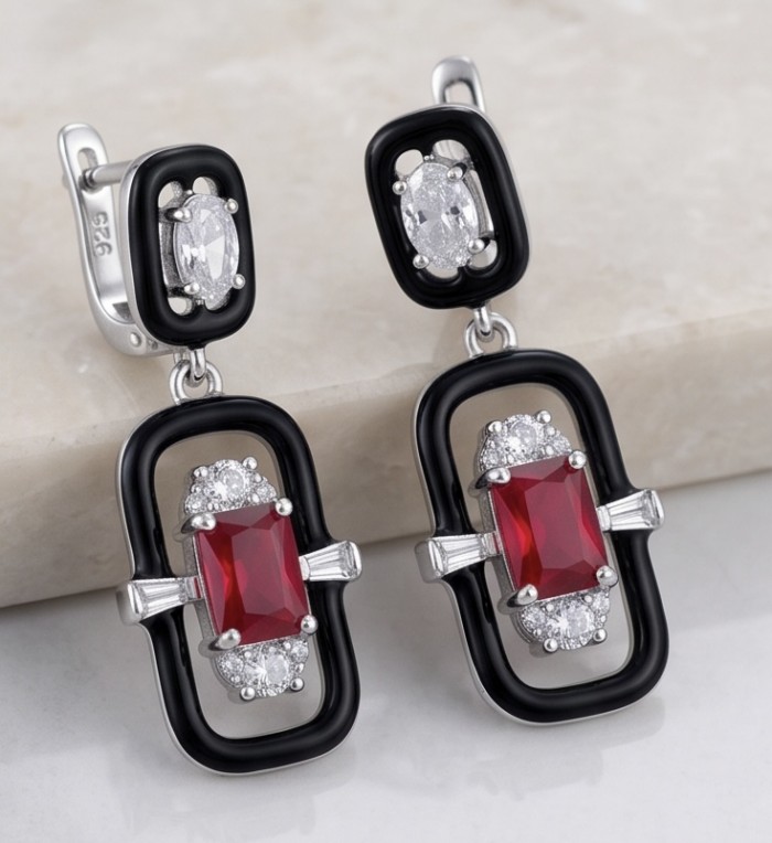 Art Deco - 4.5 carat Ruby enamel .925 Sterling Silver handcrafted incredible earrings - Art Deco ruby earrings close-up, black enamel, sterling silver detail.