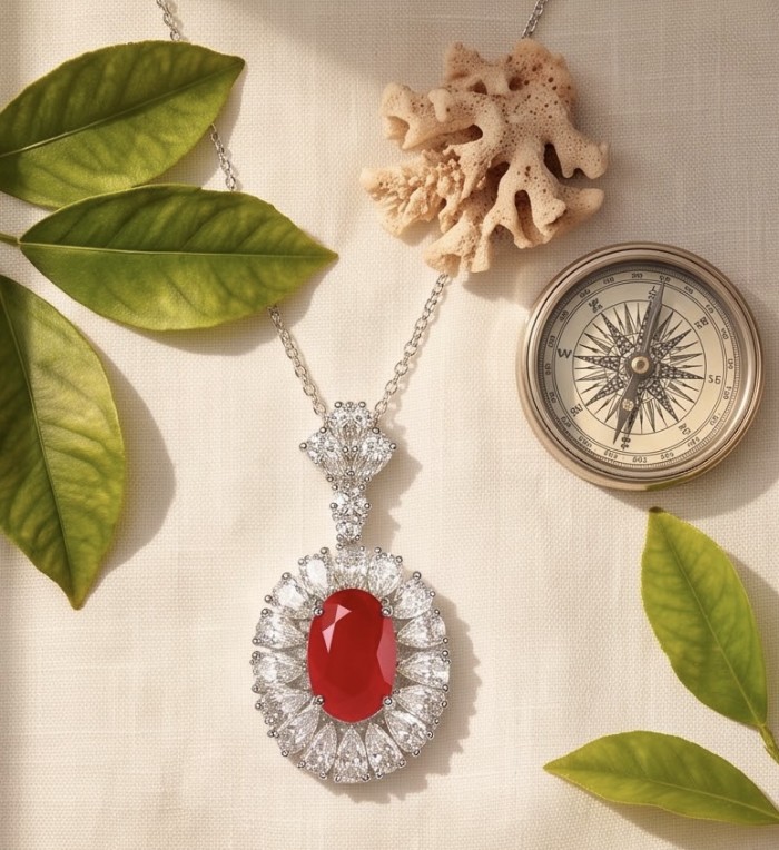 Luxurious 6.8 carat natural Mozambique Ruby .925 Sterling Silver .925 Sterling Silver Statement Necklace - Elegant pendant with ruby and diamonds, displayed with leaves and compass.