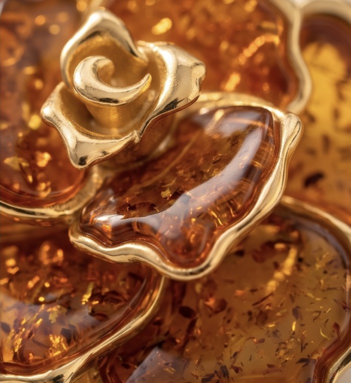 Golden Rose Natural Baltic Polish Amber .925 Sterling Silver dipped in 22K Gold handcrafted Pendant - Close-up of golden rose-shaped Baltic amber jewelry detail