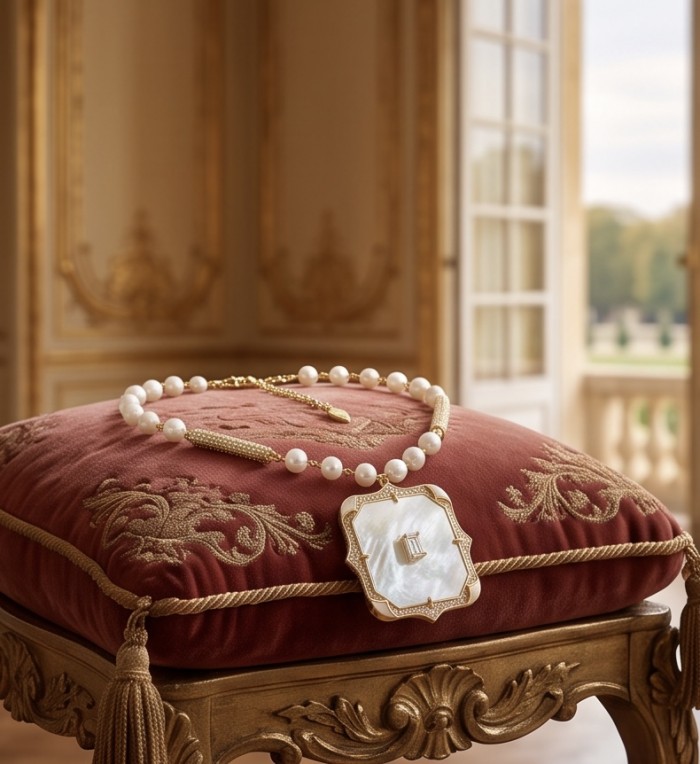 Precious natural creamy Blister Pearl 5.2 carat White Sapphire 18K Gold over .925 Sterling Silver Necklace - Pearl necklace on an ornate cushion in elegant room background