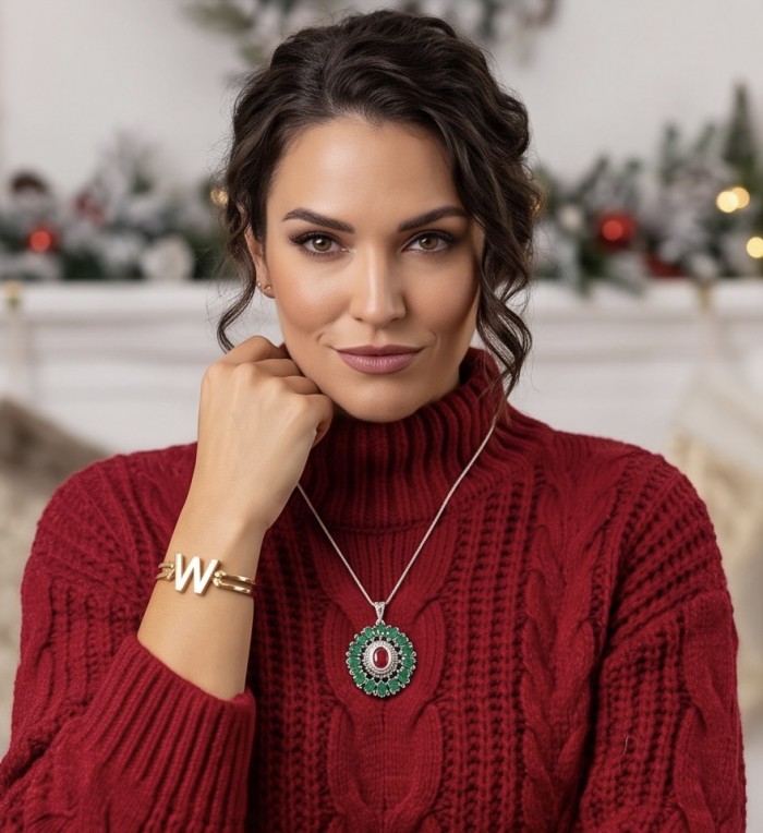 Giovanna 22.2 carat authentic Mozambique Ruby Emerald .925 Sterling Silver handmade Pendant - Woman wearing Giovanna 22.2 carat ruby emerald necklace and W bracelet.