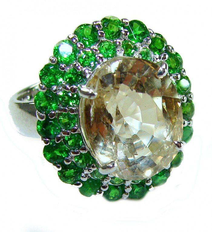 15.5 carat Citrine .925 Sterling Silver Handcrafted Huge Ring size 7 - Close-up of citrine ring with green gemstones, sterling silver setting.