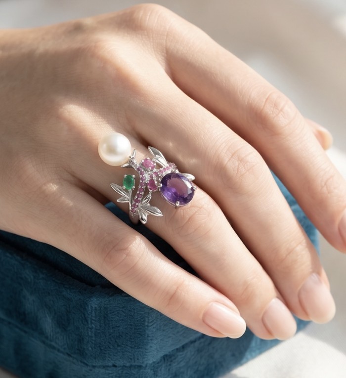 Tiffany Genuine Pearl 7.8 carat Amethyst rhodium over .925 Sterling Silver brilliantly handcrafted ring s. 8 - Tiffany ring with pearl and amethyst, worn on hand.