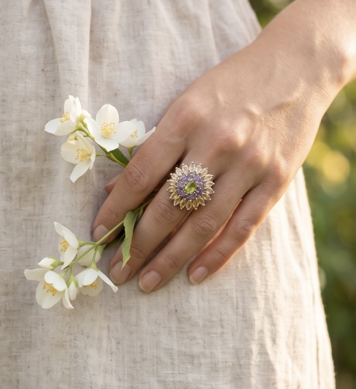 Wise Bliss Authentic 3.2 carat Peridot from Arizona .925 Sterling Silver handmade Ring s. 6 - Ring with 3.2 carat Peridot worn on hand with white flowers