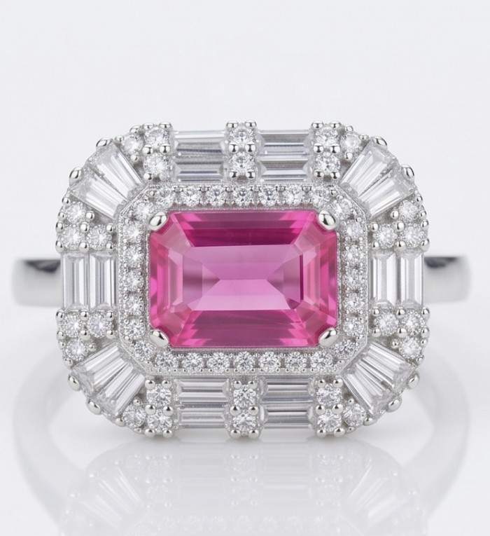 Stella 9.8 carat Brazilian Pink Topaz .925 Sterling Silver Handcrafted Statement Ring size 8 - Close-up of Stella pink topaz ring with diamond accents on sterling silver.