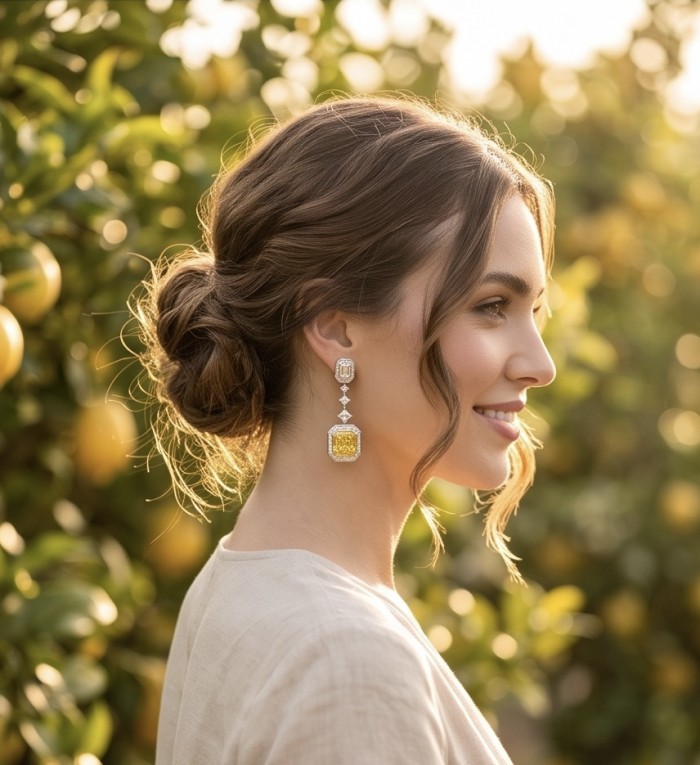 Art Deco - Luxurious asscher cut 20.5 carat Yellow Sapphire 18K Gold over .925 Sterling Silver handcrafted earrings - Side view of Art Deco earrings with yellow sapphire, worn by a woman.