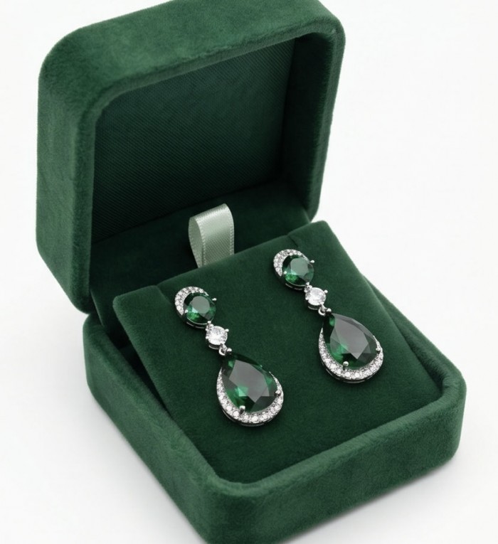 Tiffany - Authentic 15.5 CARAT Siberian Chrome Diopside rhodium over .925 Sterling Silver handcrafted earrings - Emerald earrings in a green velvet box, top view.