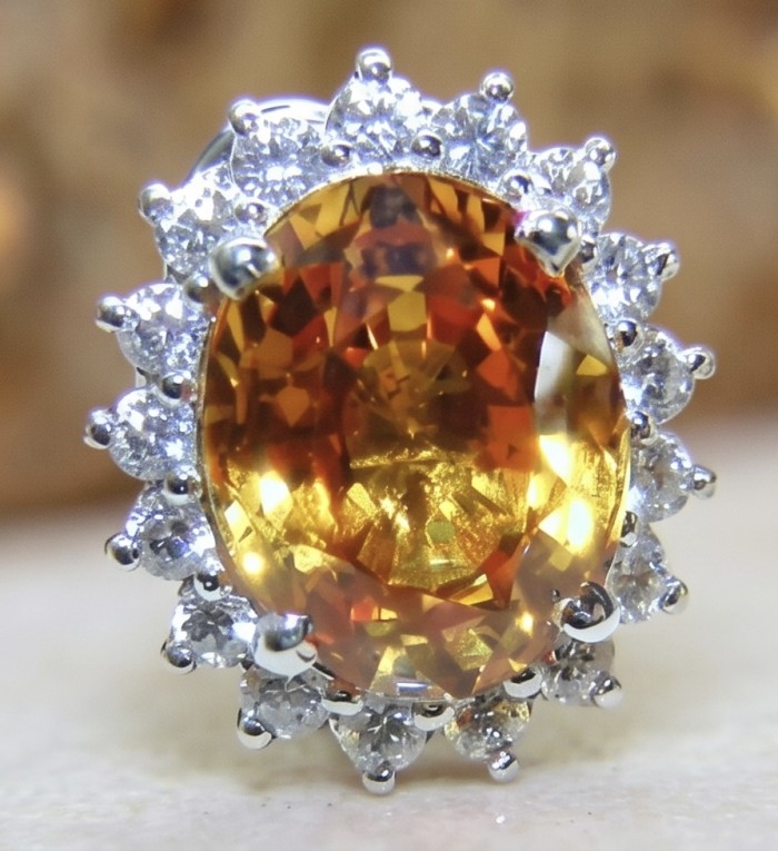 Victoria Authentic 785 carat Brazilian Citrine .925 Sterling Silver brilliantly dipped in rhodium handcrafted Statement earrings - Close-up of Brazilian Citrine stone with diamond halo in sterling silver.
