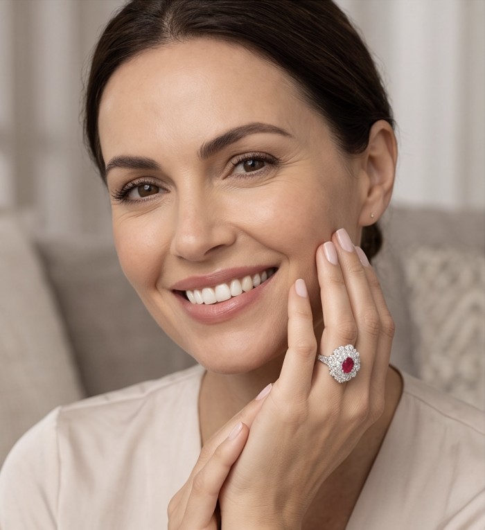 Bella Rosa Genuine 5.5 CARAT Ruby rhodium over .925 Sterling Silver Statement Ring size 8 - Smiling woman showing Bella Rosa ruby ring worn on hand