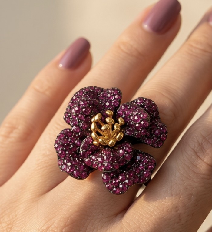 Red Rose 22.5 carat Ruby black rhodium over 18K Gold .925 Sterling Silver handcrafted ring size 6 - Ruby rose ring worn on hand, gold center, black rhodium accents.