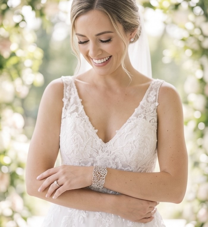 Dolce Vita - Precious Natural 12.5 carat pave White Topaz rhodium over .925 Sterling Silver handcrafted bracelet - Bride wearing Dolce Vita white topaz bracelet, front view.