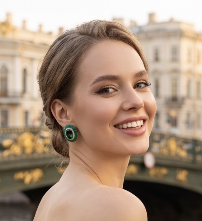 Julietta 12.5 carat Colombian Emerald .925 Sterling Silver handmade Statement earrings - Side view of woman wearing Julietta emerald earrings.