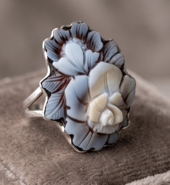 Exquisite Flowers oval Cameo Shell rhodium over .925 Sterling Silver handcrafted Made in Italy Statement ring; s. 7 ADJUSTABLE - Side view of floral cameo ring in rhodium over sterling silver
