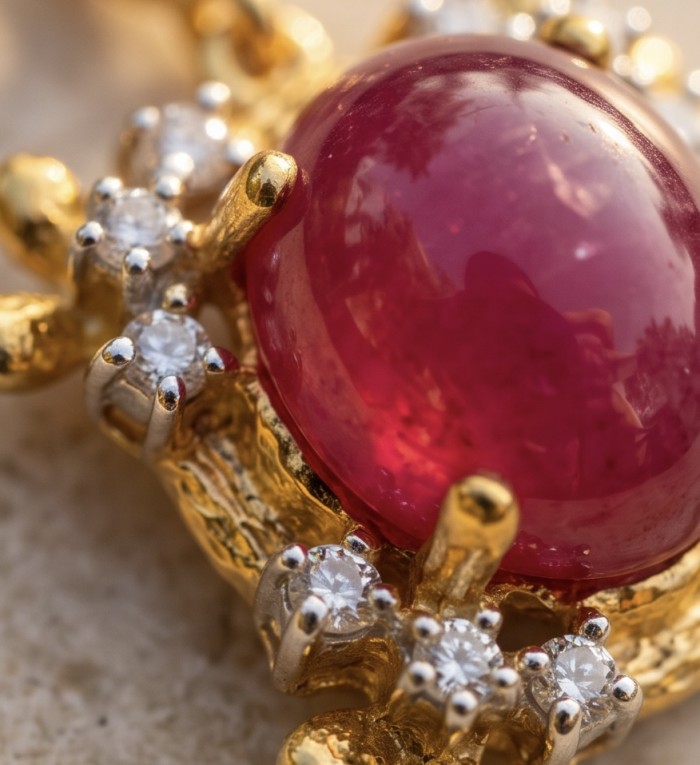 Rare finding - Deluxe 27.2 carat authentic Mozambique Ruby 22K Gold over .925 Sterling Silver handmade Statement Pendant - Close-up of a 27.2 carat Mozambique ruby with diamond accents.