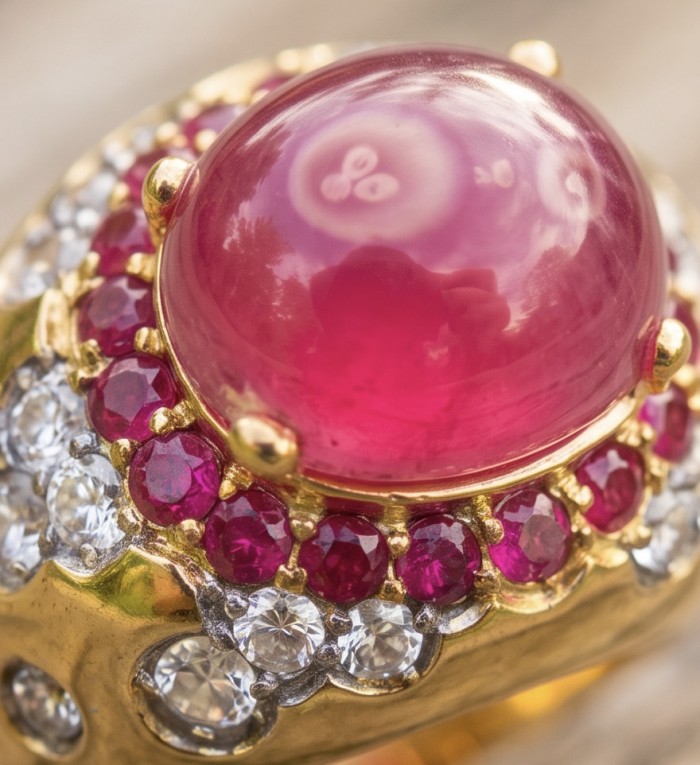 Giovanna 9.7 carat Kashmir Ruby .925 Sterling Silver dipped in 22K Gold handmade Statement Ring size 6 1/2 - Close-up of Giovanna 9.7 carat Kashmir Ruby ring with diamonds