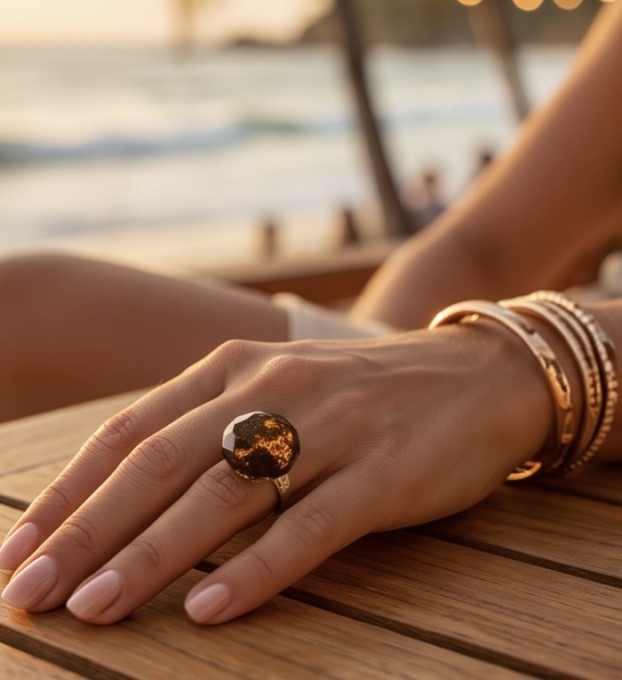 Sunset Authentic Baltic Amber rhodium over .925 Sterling Silver handcrafted ring; s. 7 adjustable - Hand wearing Baltic amber ring and bangles at sunset on wooden table