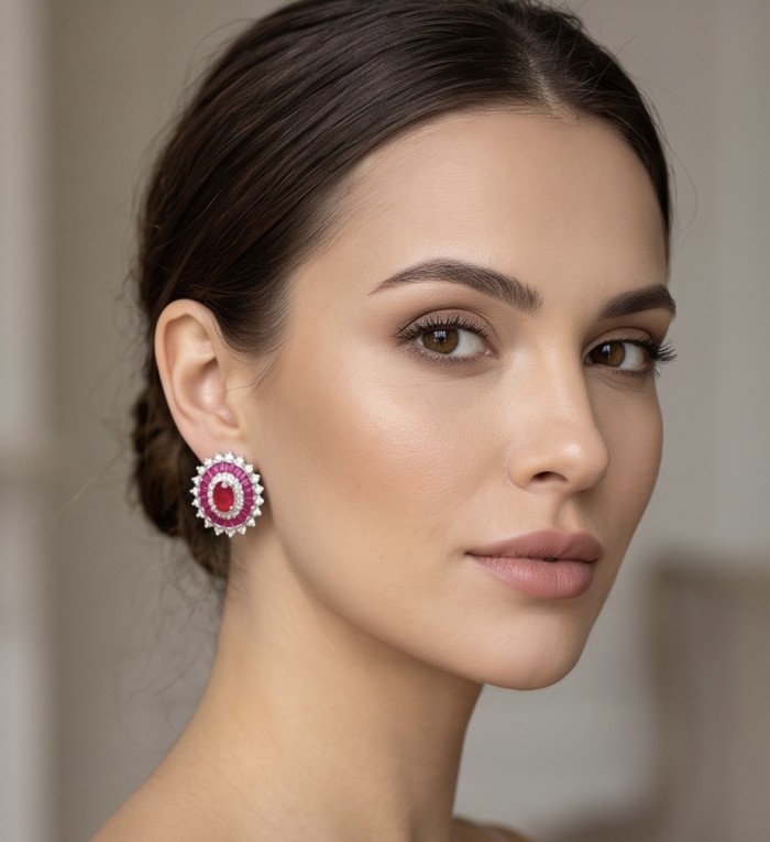 Art Deco - Genuine 3.8 carat Ruby rhodium over .925 Sterling Silver handcrafted Statement Earrings - Worn on ear, side view of Art Deco ruby and sterling silver earring