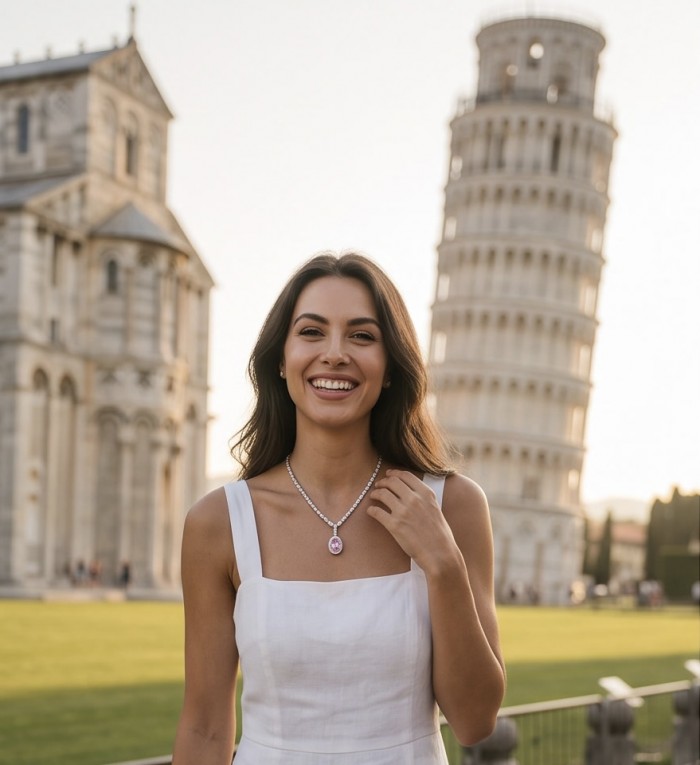 Isabella - delicate 6.7 carat Bubblegum Pink Sapphire .925 Sterling Silver handcrafted Statement Necklace - Woman wearing Isabella pink sapphire necklace in front of Leaning Tower of Pisa.