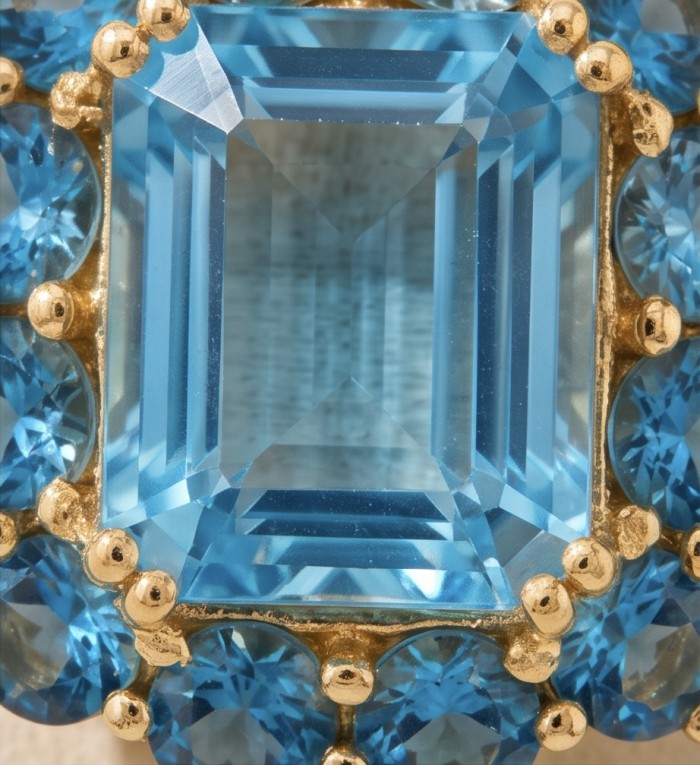 Atlantica Precious asscher cut 17.5 carat Swiss Blue Topaz .925 Sterling Silver dipped in 22K Gold handcrafted Pendant - Close-up of 17.5 carat Swiss Blue Topaz in gold setting