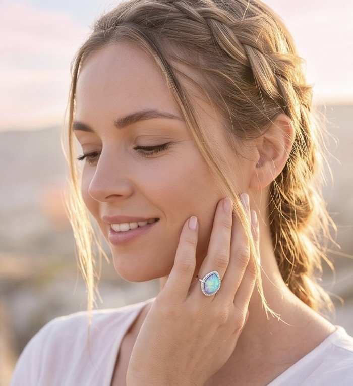 Endless Ocean Genuine 14.5 carat doublet Australian Opal .925 Sterling Silver handmade Ring size 6 - Model wearing Endless Ocean Australian Opal ring, side profile view.
