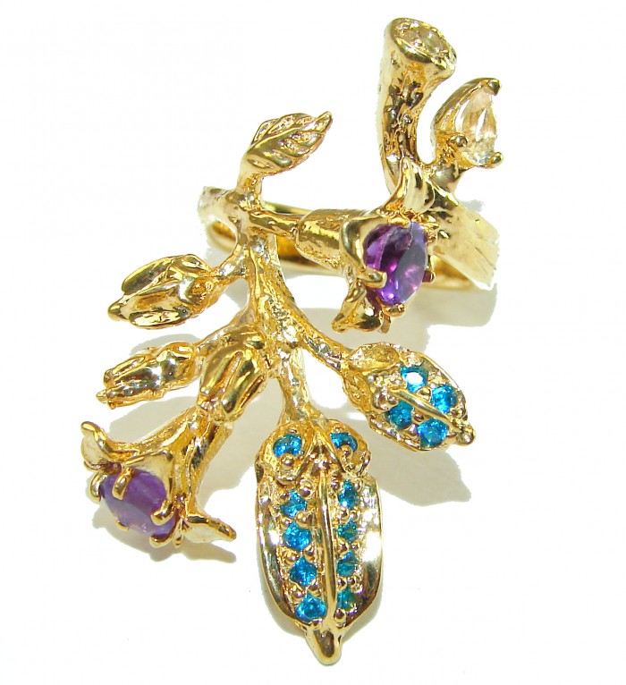 Exotic Flowers Amethyst 14K Gold over .925 Sterling Silver handcrafted Statement Ring size 6 3/4 - photo 1