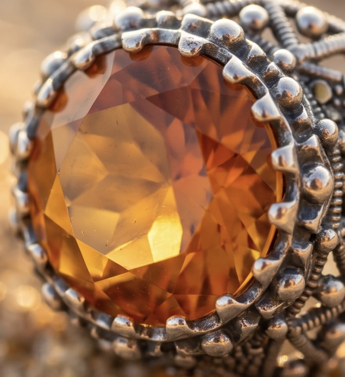 Serenity Natural 38.4 carat GOLDEN Topaz Marcasite .925 Sterling Silver handmade Large Statement Ring size 7 - Close-up of Golden Topaz stone in silver marcasite setting.