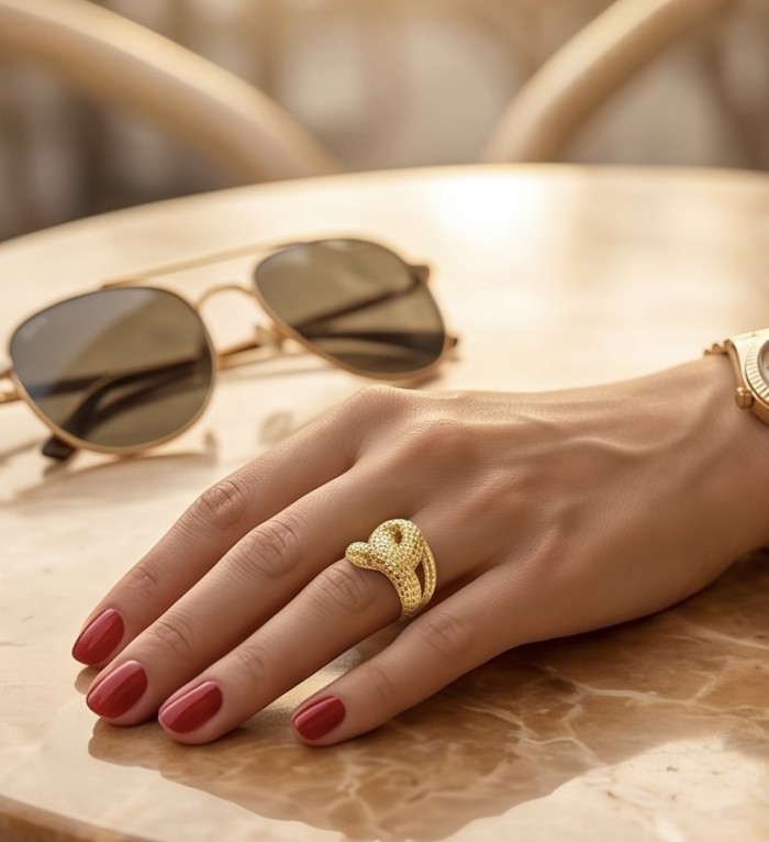 Dubai Style - Golden knot - .925 Sterling Silver dipped in 22K Gold handmade Large ring size 8 - Golden knot ring on hand with sunglasses and watch in the background.