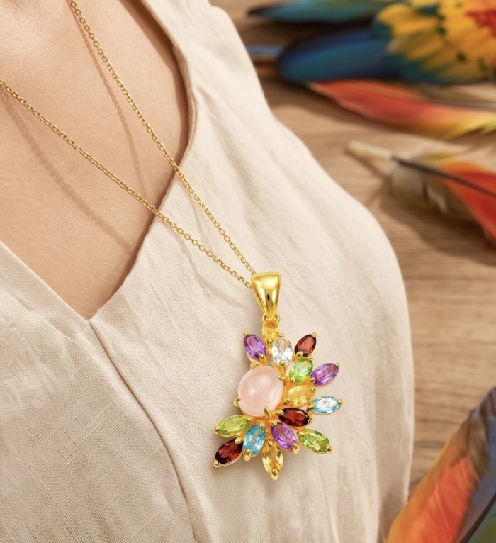 Brazilian Beauty 12.9 carat ROSE QUARTZ 18K Gold over .925 Sterling Silver handcrafted pendant - photo 1