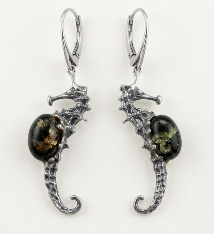 SEAHORSE Style genuine green Baltic Amber .925 Sterling Silver earrings - Seahorse earrings with green Baltic amber, front view