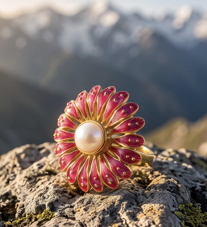 Red Flower Fresh water Pearl Enamel 18K Gold over.925 Sterling Silver Ring s. 6 - Close-up of red flower ring with pearl on rocky mountain background.