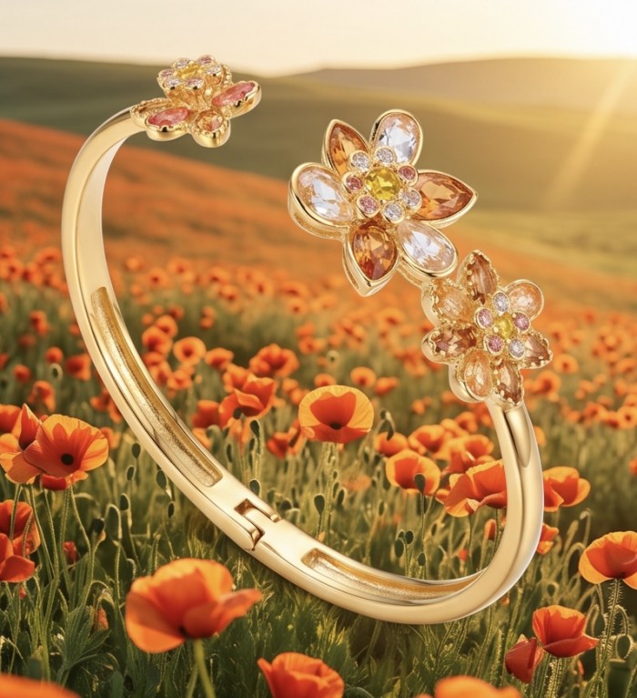 12.2 carat Blooming Garden Natural multicolot Topaz 14k Gold over .925 Sterling Silver handcrafted Statement Bracelet - Gold floral bracelet in poppy field, featuring multicolor topaz stones.