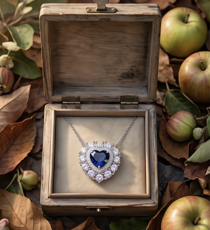 Titanic - Heart of The Ocean Necklace ~ 4.5 Ct Tanzanite Necklace In 925 Sterling Silver necklace - Heart-shaped necklace in a wooden box among autumn leaves and apples