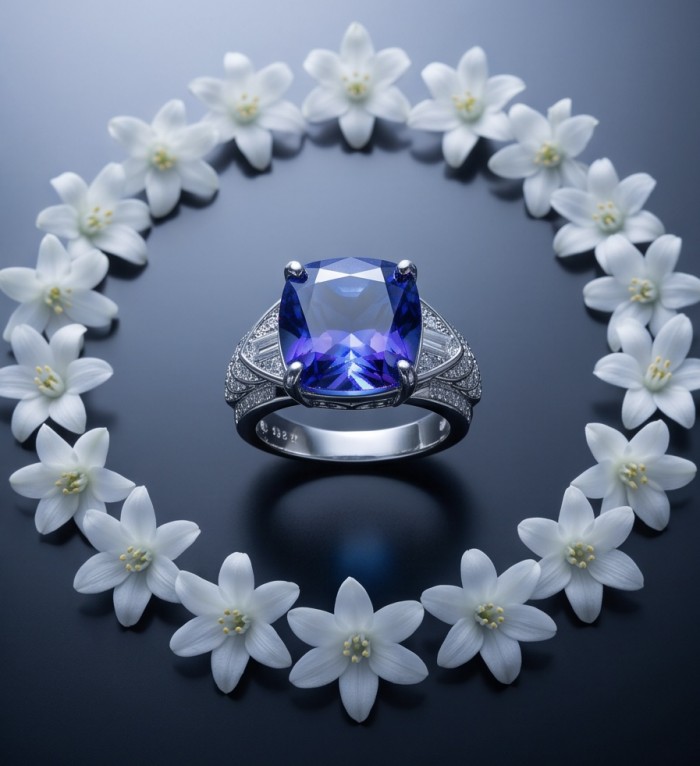 Precious - Art Deco Design asscher cut 15.9 CARAT Tanzanite rhodium over .925 Sterling Silver Statement Ring s. 7 - Asscher cut tanzanite ring with floral circle, top view.