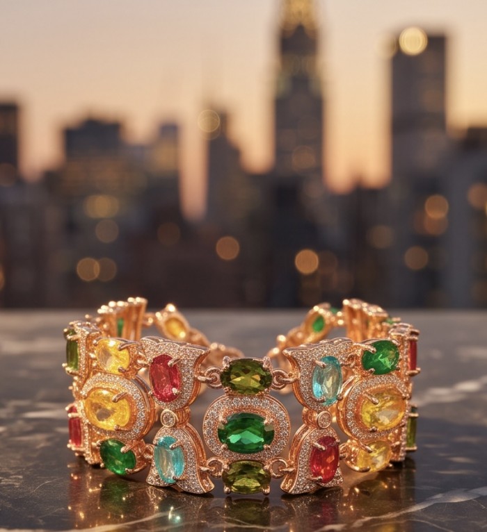 Tutti Frutti 28.5 CARAT MULTIGEM 18K Rose Gold over .925 Sterling Silver brilliantly handcrafted Bracelet - Tutti Frutti bracelet side view, multicolored gems, 18K rose gold.
