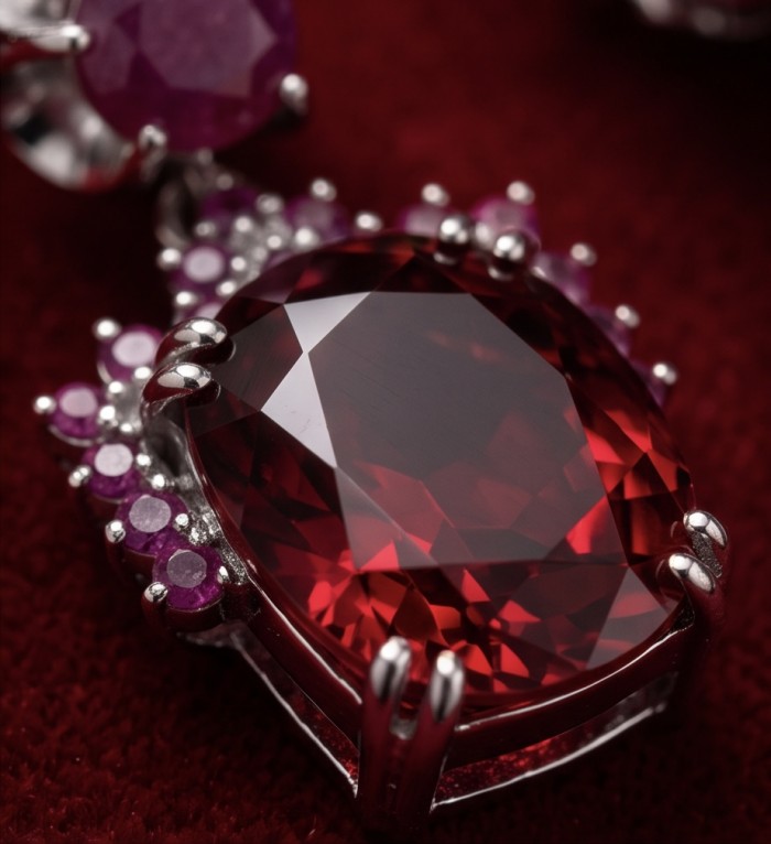 Angelina 14.9 carat authentic Red Topaz .925 Sterling Silver Handcrafted Earrings - Close-up of Angelina 14.9 carat red topaz set in .925 sterling silver.