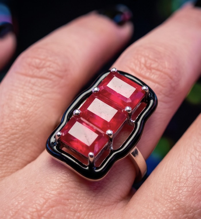 Art Deco 4.2 carat Ruby black enamel .925 Sterling Silver handcrafted Ring s. 8 - Art Deco Ruby ring with black enamel worn on hand, stone close-up.