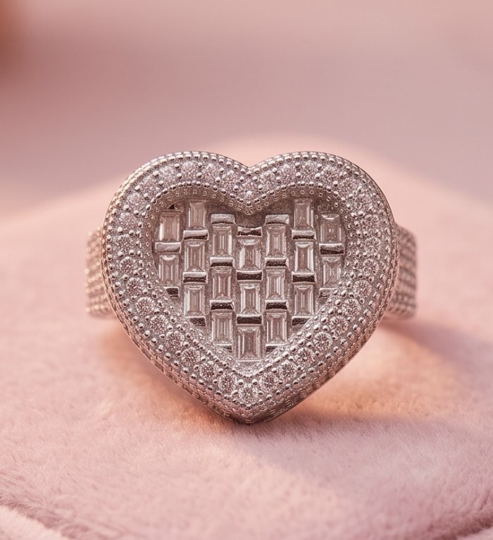 Art Deco Precious Heart - 10.5 carat White Sapphire .925 Sterling Silver Handcrafted Statement Ring size 7 1/2 - Heart-shaped white sapphire ring close-up on pink background.