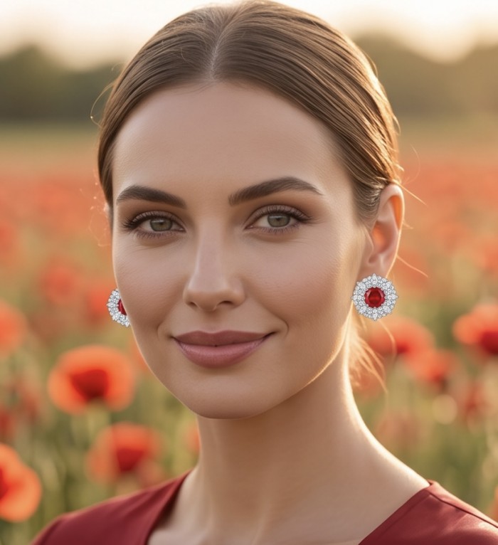 Genuine 3.8 carat Ruby rhodium over .925 Sterling Silver handcrafted Statement Earrings - Model wearing ruby and silver earrings in a flower field