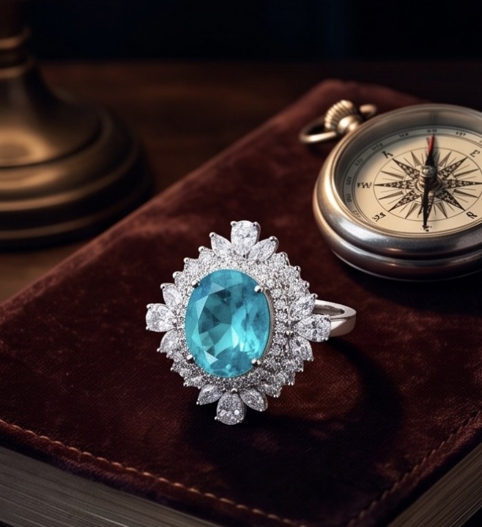 Mesmerizing 14.8 carat Aquamarine rhodium over .925 Sterling Silver handcrafted ring size 6 3/4 - Aquamarine ring close-up with vintage compass on velvet surface